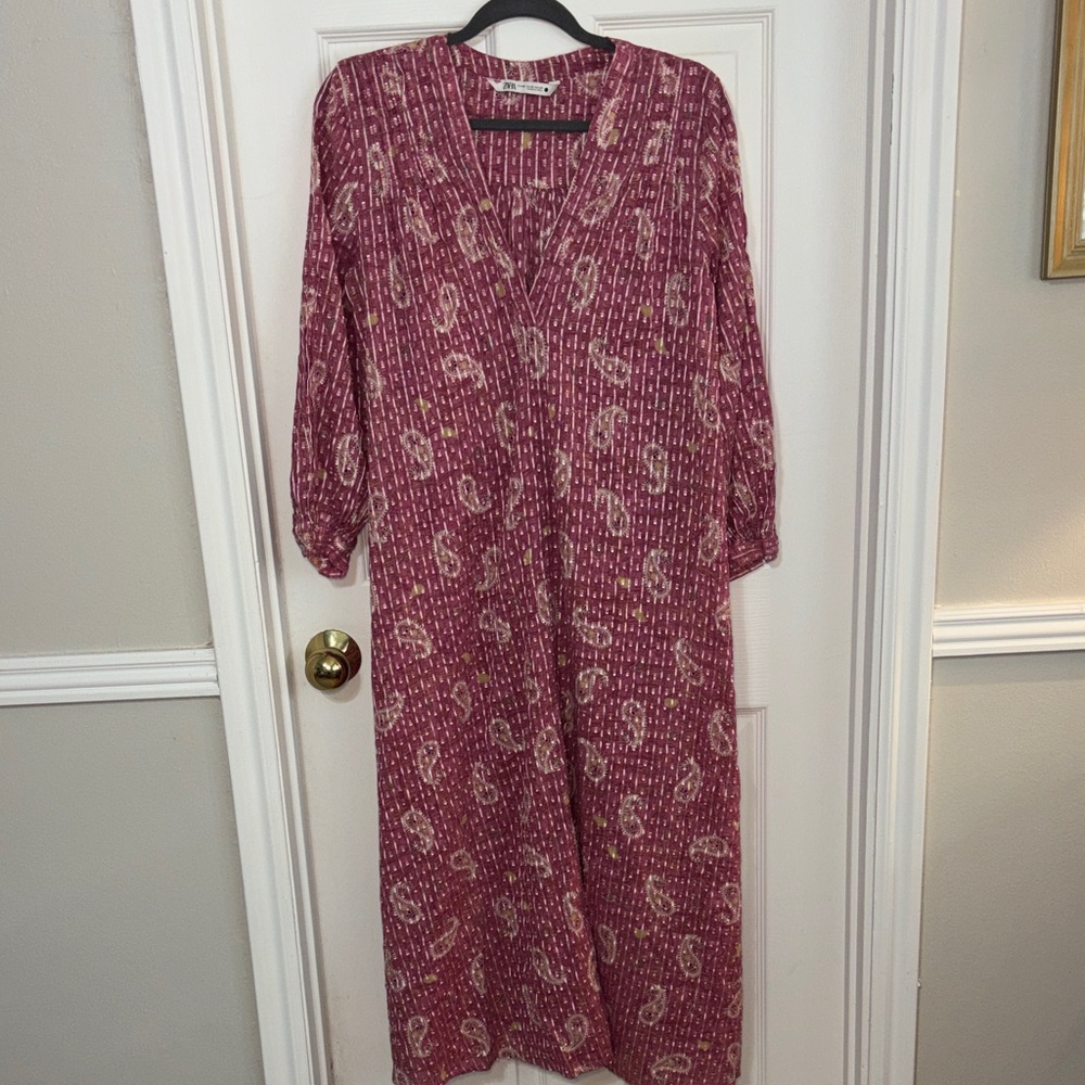 ZARA Midi Embroidered Summer Dress Kaftan Pink